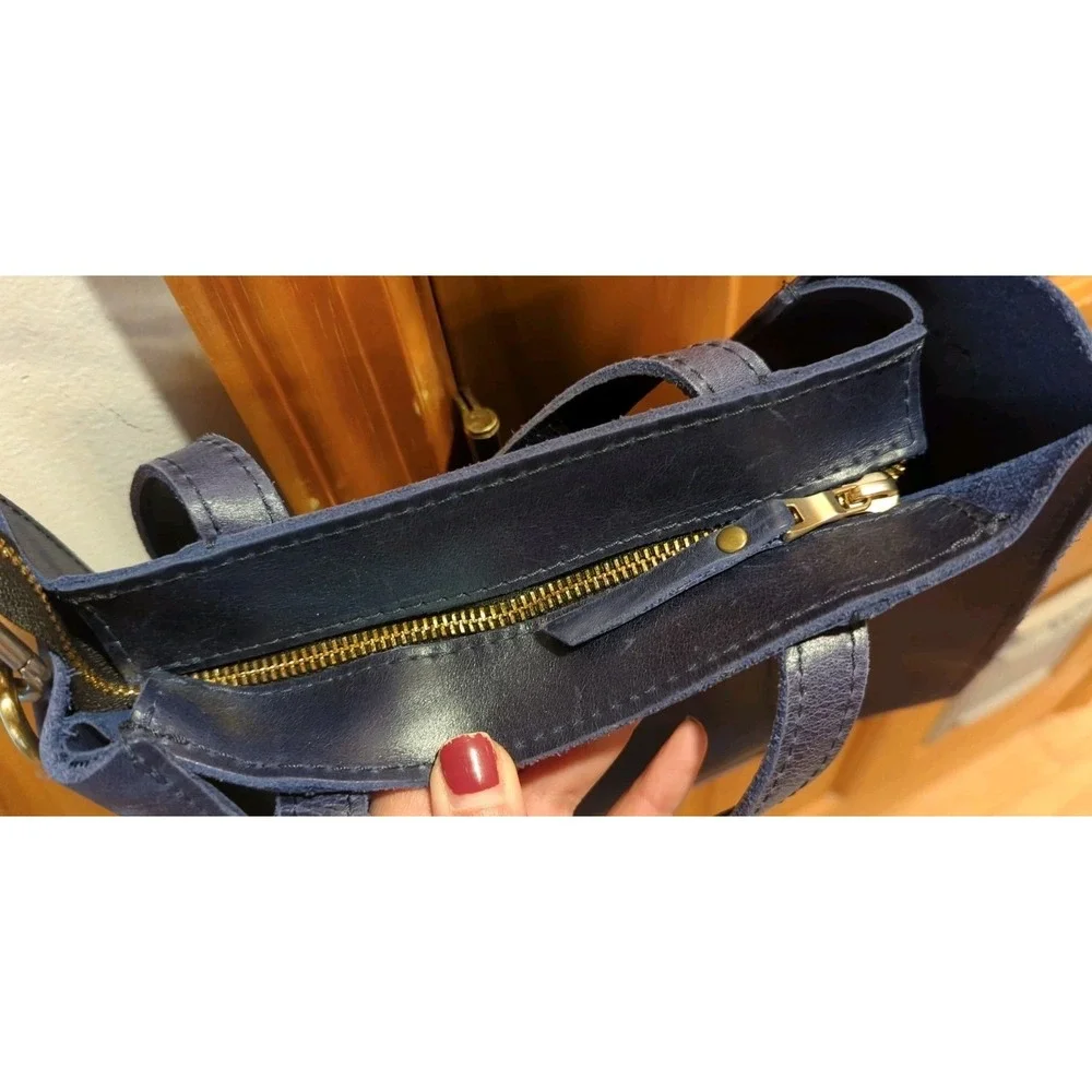 Portland Leather Goods Blue Satchel Bag Top Handle Crossbody‎ Adjustable Strap